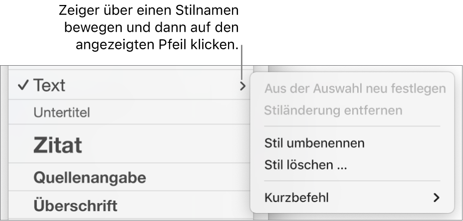 Das Menü „Absatzstile“ mit geöffnetem Kontextmenü