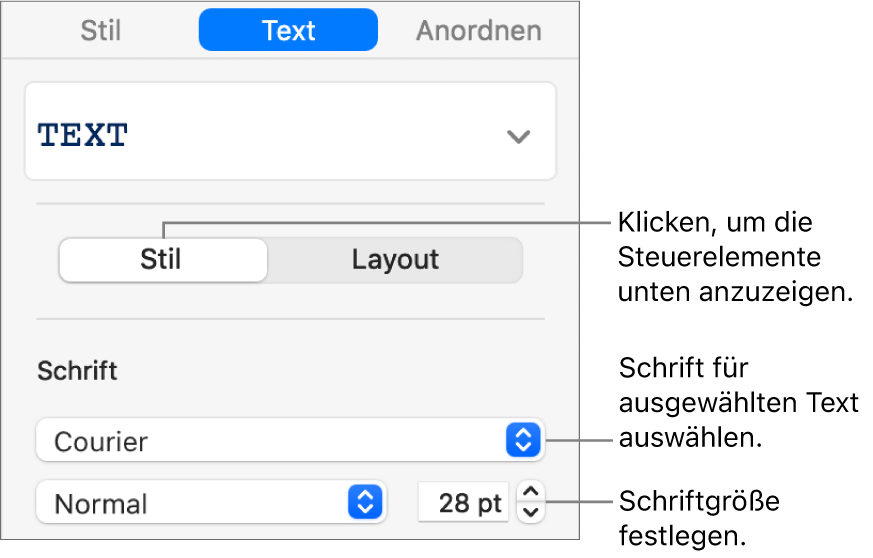 Textsteuerelemente im Abschnitt „Stil“ der Seitenleiste zum Festlegen der Schrift und der Schriftgröße