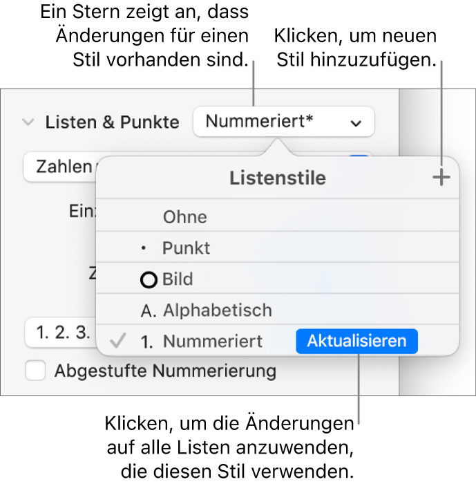 Das Einblendmenü „Listenstile“ mit einem Sternchen, das auf eine Stiländerung hinweist, und Beschreibungen für die Taste „Neuer Stil“ sowie ein Untermenü mit Optionen zum Verwalten von Stilen