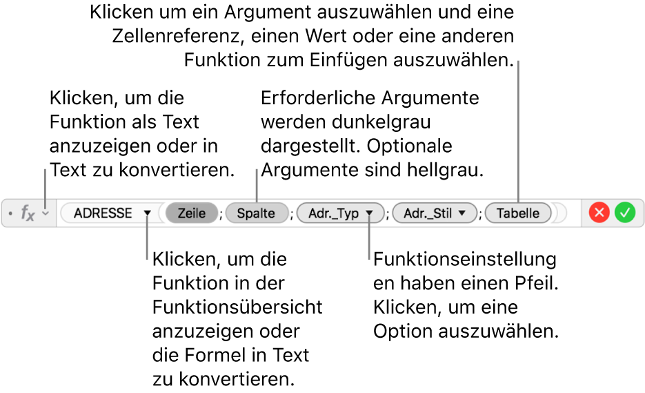 Der Formeleditor mit der Funktion ADRESSE und ihren Argument-Token