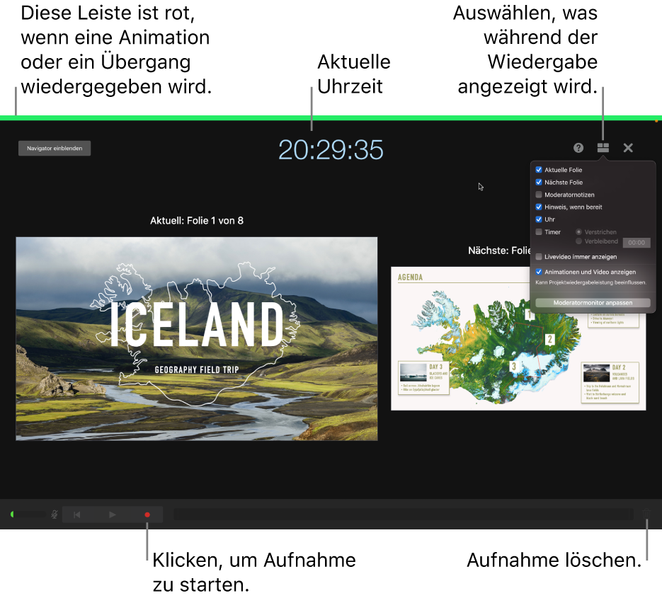 Bildschirmfoto des Sprachaufnahmemodus auf dem Moderatormonitor. Die aktuelle und die nächste Folie, die aktuelle Zeit und die Steuerelemente des Moderatormonitors sind sichtbar. Das Steuerelement zum Starten und Beenden der Aufnahme und das Steuerelement zum Löschen der Aufnahme werden unten auf dem Bildschirm angezeigt.