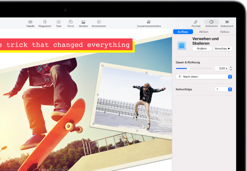 Die Steuerelemente „Animation“ zum Hinzufügen von Animationen zum ausgewählten Bild. Die Tasten „Aufbau“, „Aktion“ und „Abbau“ werden oben in der Seitenleiste angezeigt. „Aufbau“ ist ausgewählt und es werden Steuerelemente für den Effekt „Drehen und Skalieren“ angezeigt.