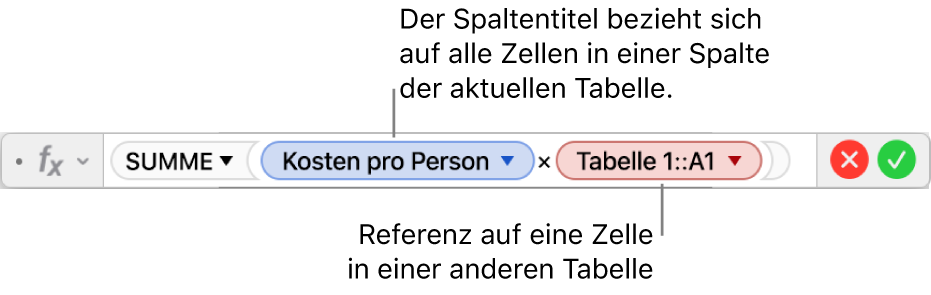 Der Formeleditor mit einem Dreieck, auf das du klickst, um die Optionen zum Behalten der Zeilen- und Spaltenreferenzen zu öffnen