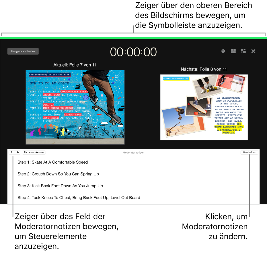 Der Keynote-Moderatormonitor zeigt oben am Bildschirm entlang Tasten zum Öffnen und Schließen des Foliennavigators sowie Anzeigeoptionen an. Die aktuelle und nächste Folie befinden sich in der Mitte des Bildschirms und das Feld für die Moderatornotizen befindet sich unten.