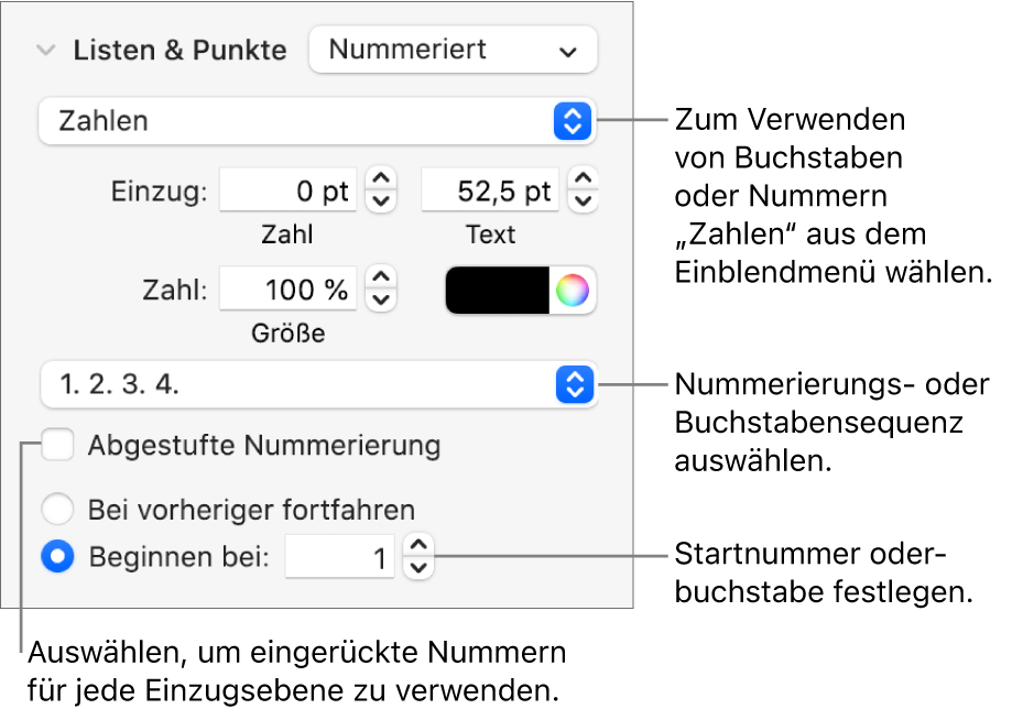 Steuerelemente zum Ändern des Zahlenstils und -abstands einer Liste