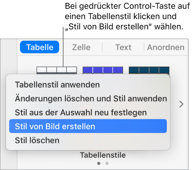 Das Kontextmenü für den Tabellenstil