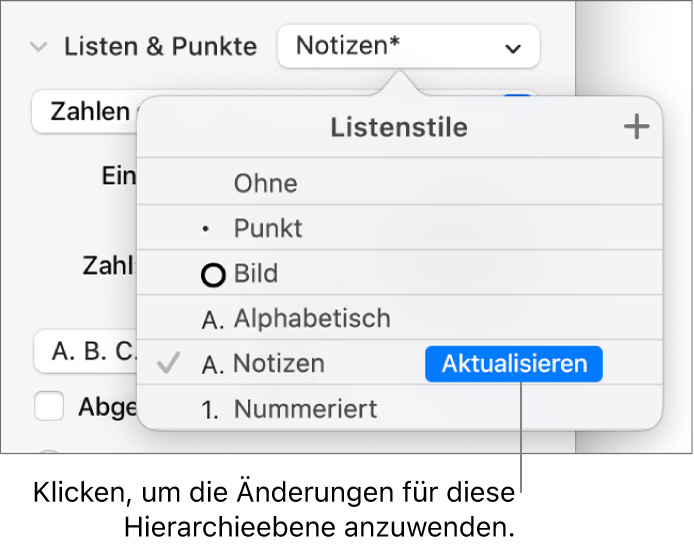 Das Einblendmenü „Listenstile“ mit einer Taste „Aktualisieren“ neben dem Namen des neuen Stils