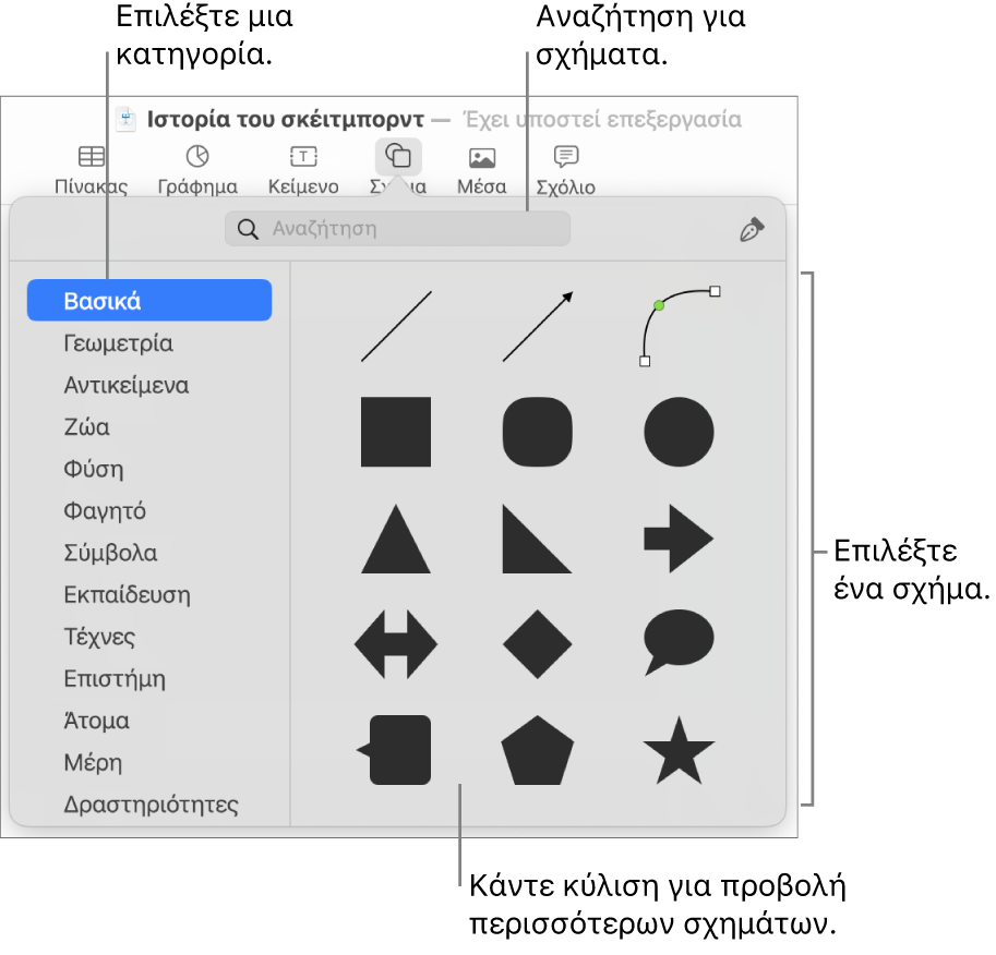 Η βιβλιοθήκη σχημάτων, με τις κατηγορίες να παρατίθενται στα αριστερά και τα σχήματα να εμφανίζονται στα δεξιά. Μπορείτε να χρησιμοποιήσετε το πεδίο αναζήτησης στο πάνω μέρος για να βρείτε σχήματα και κάντε κύλιση για να δείτε περισσότερα.