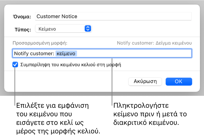 Προσαρμοσμένη μορφή κελιού κειμένου.