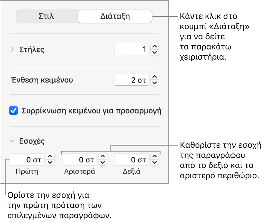 Η ενότητα «Διάταξη» της πλαϊνής στήλης «Μορφή» που εμφανίζει στοιχεία ελέγχου για τον καθορισμό της εσοχής πρώτης γραμμής και των περιθωρίων παραγράφου.