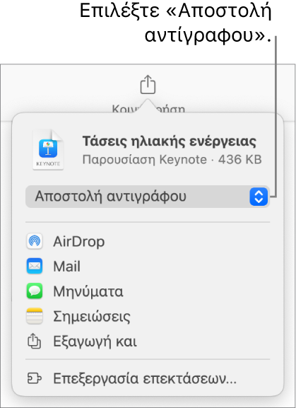 Το μενού «Κοινή χρήση» με επιλεγμένη την «Αποστολή αντιγράφου» στο πάνω μέρος.