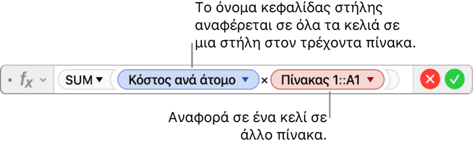 Ο Επεξεργαστής τύπων με ένα τρίγωνο στο οποίο κάνετε κλικ για να ανοίξετε επιλογές διατήρησης των αναφορών γραμμών και στηλών.