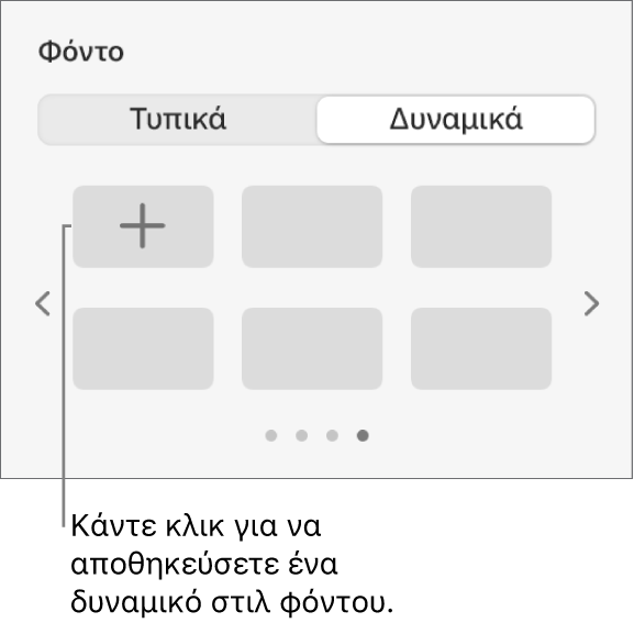 Το κουμπί «Δυναμικό» επιλεγμένο στην ενότητα «Φόντο» της πλαϊνής στήλης «Μορφή». Εμφανίζεται το κουμπί «Προσθήκη στιλ».