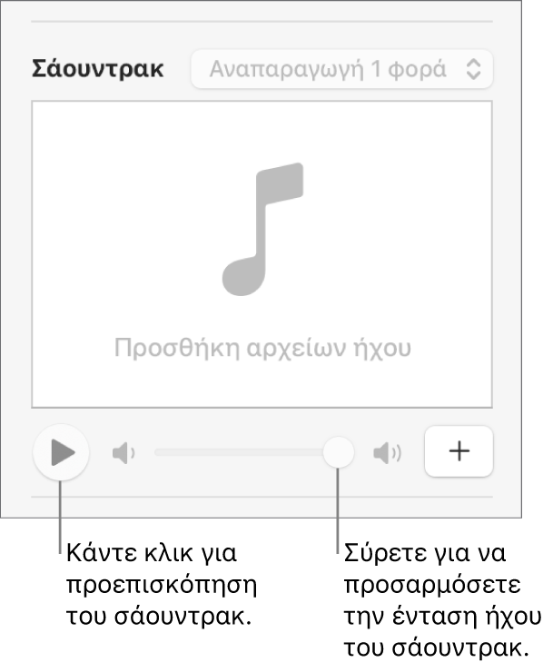 Τα στοιχεία ελέγχου «Σάουντρακ» με επεξηγήσεις για το κουμπί «Αναπαραγωγή» και το ρυθμιστικό έντασης ήχου.