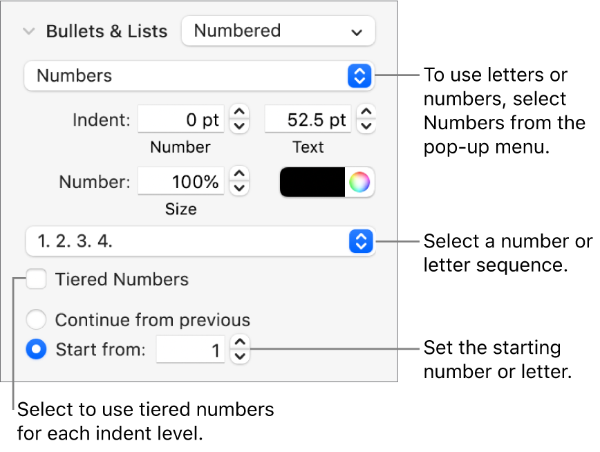 Controls for changing the number style and spacing of a list.