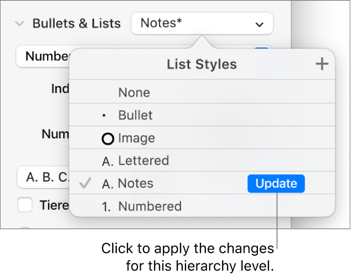 The List Styles pop-up menu with an Update button next to the name of the new style.