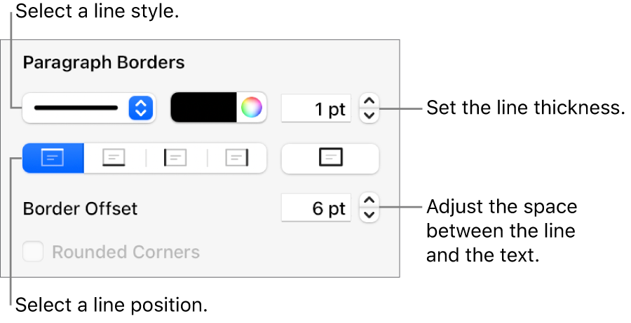 Controls to change the line style, thickness, position and colour.