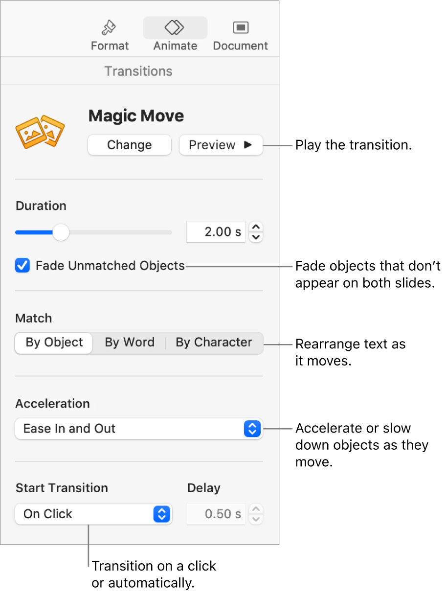 Magic Move transition controls in the Transitions section of the Animate sidebar.