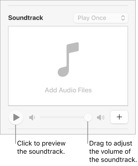 The Soundtrack controls with the Play button and volume slider called out.