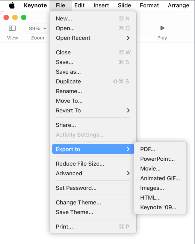 The File menu open with Export To selected and its submenu showing export options for PDF, PowerPoint, Movie, HTML, Images and Keynote ’09.