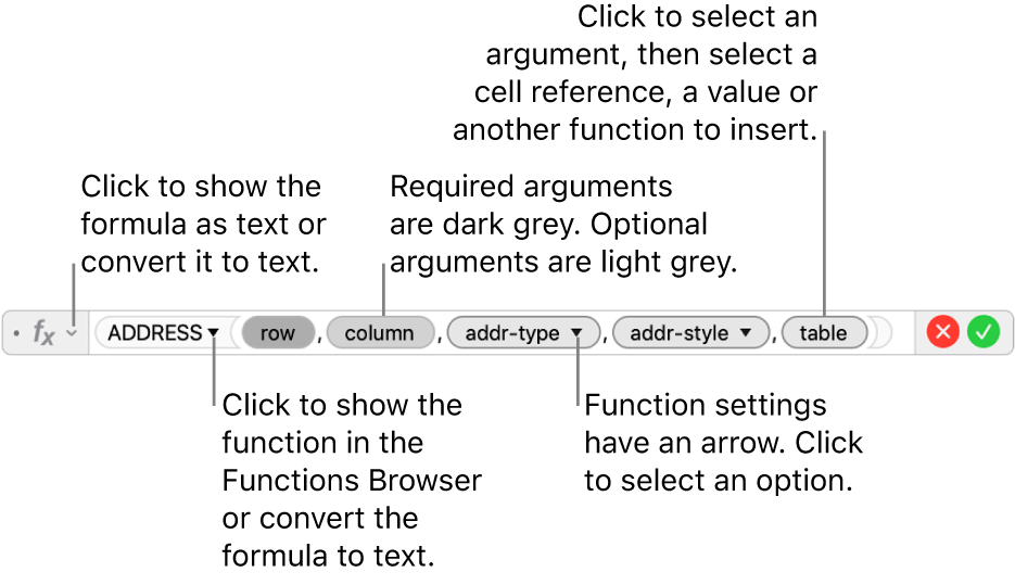 The Formula Editor showing the ADDRESS function and its arguments tokens.