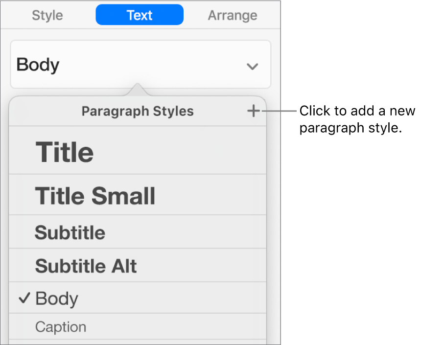 The Paragraph Styles menu with a call-out to the New Style button.