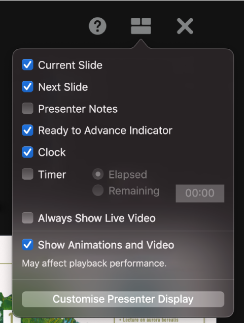 The presenter display options, including Current Slide, Next Slide, Presenter Notes, Ready to Advance Indicator, Clock and Timer. The timer has additional options to show either the time elapsed or the time remaining.