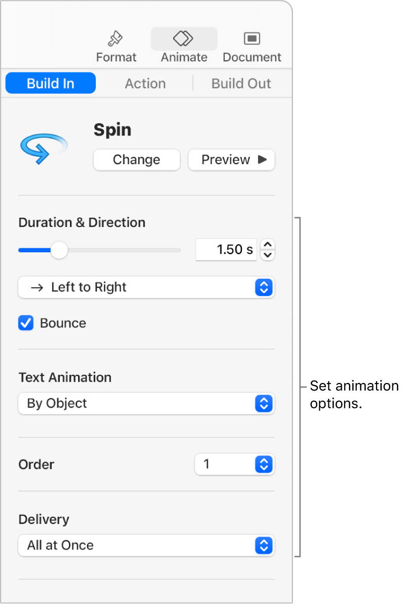 Build-in options in the Animate section of the sidebar.