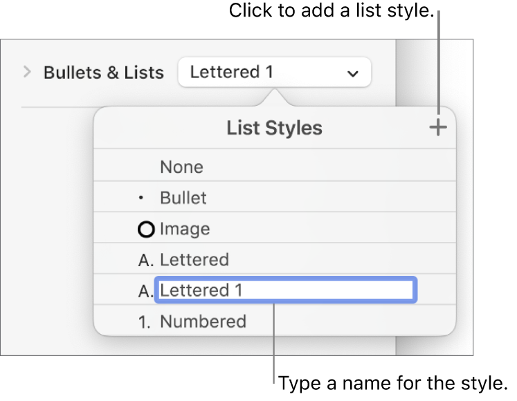 The List Styles pop-up menu with an Add button in the top-right corner and a placeholder style name with its text selected.