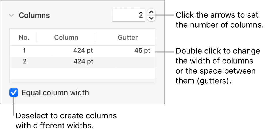 Controls in the columns section for changing the number of columns and the width of each column.