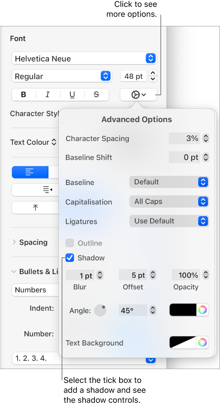 The Advanced Options open with the Shadow tickbox selected and controls for setting blur, offset, opacity, angle and colour.