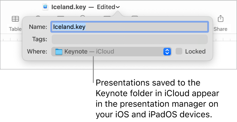 The Save dialogue for a presentation with Keynote — iCloud in the Where pop-up menu.