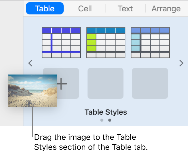 Dragging an image into the table styles to create a new style.