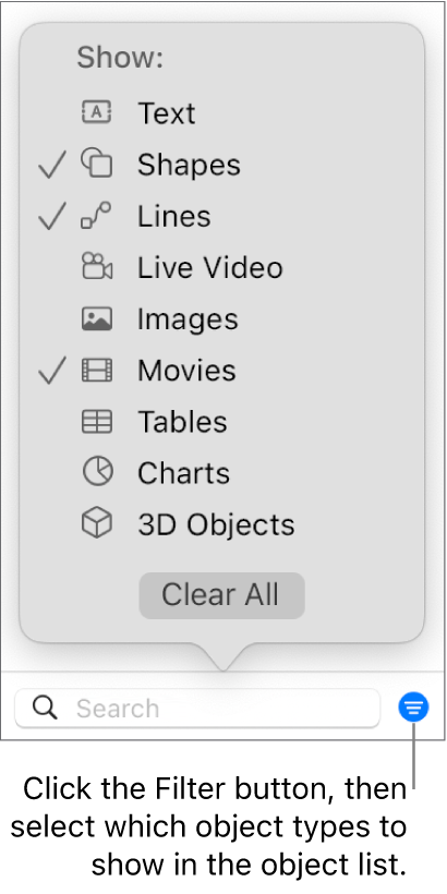 The Filter pop-up menu open, with a list of the types of objects the list can include (text, shapes, lines, images, movies, tables and charts).