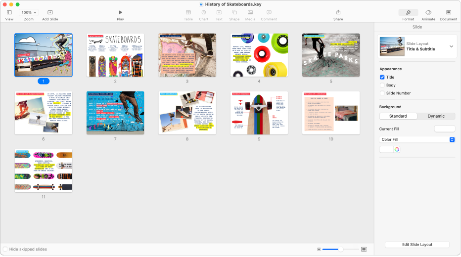 Light table view displaying nine slides horizontally in two rows, with options to change the theme’s appearance in the Format sidebar on the right side of the screen.