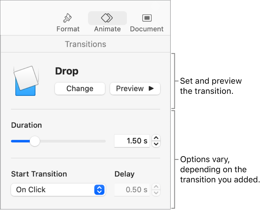 Transition controls in Transitions section of the sidebar.