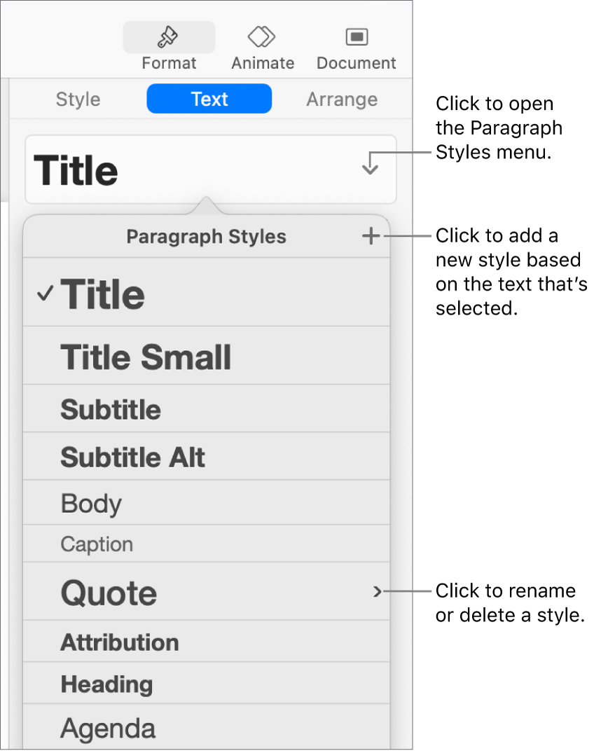 The Paragraph Styles menu, showing controls to add or change a style.