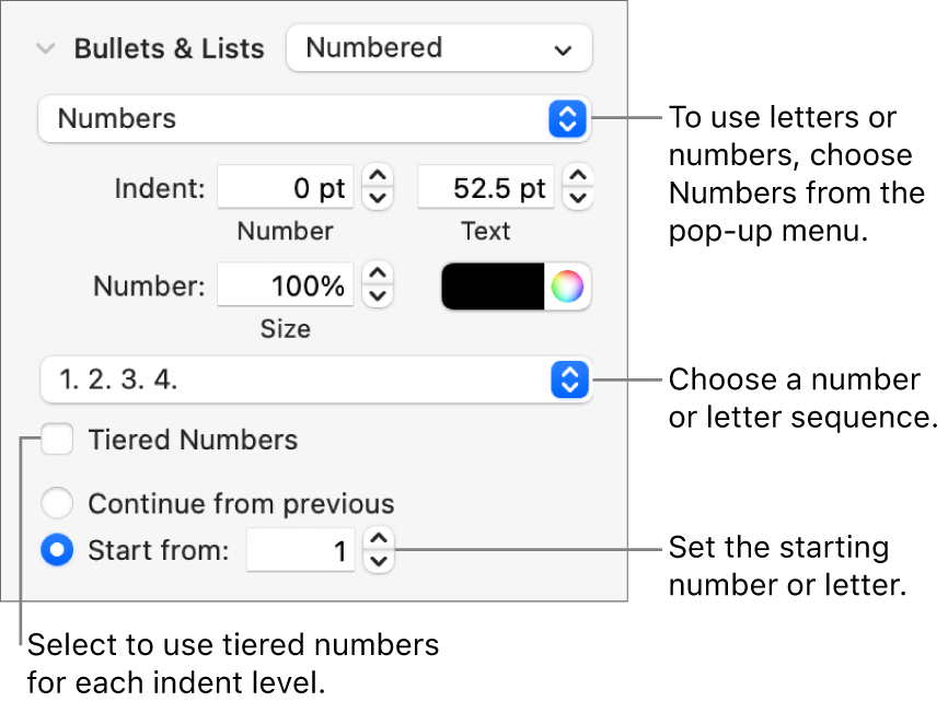 Controls for changing the number style and spacing of a list.