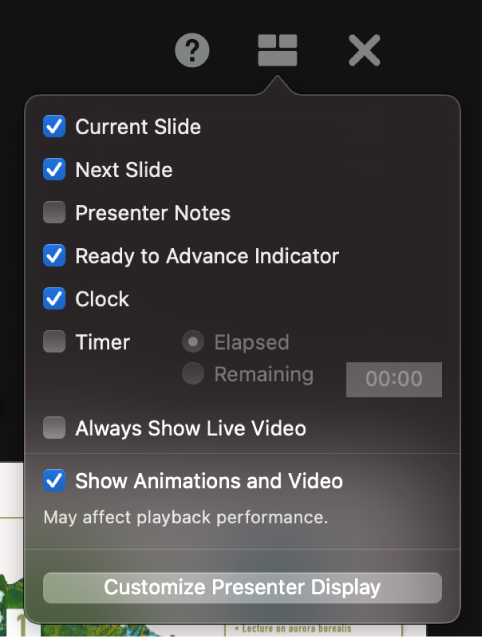 The presenter display options, including Current Slide, Next Slide, Presenter Notes, Ready to Advance Indicator, Clock, and Timer. The timer has additional options to show either the time elapsed or the time remaining.