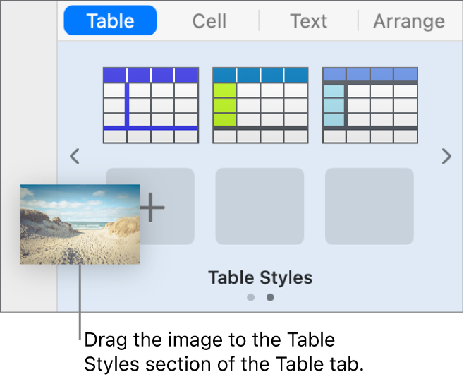 Dragging an image into the table styles to create a new style.