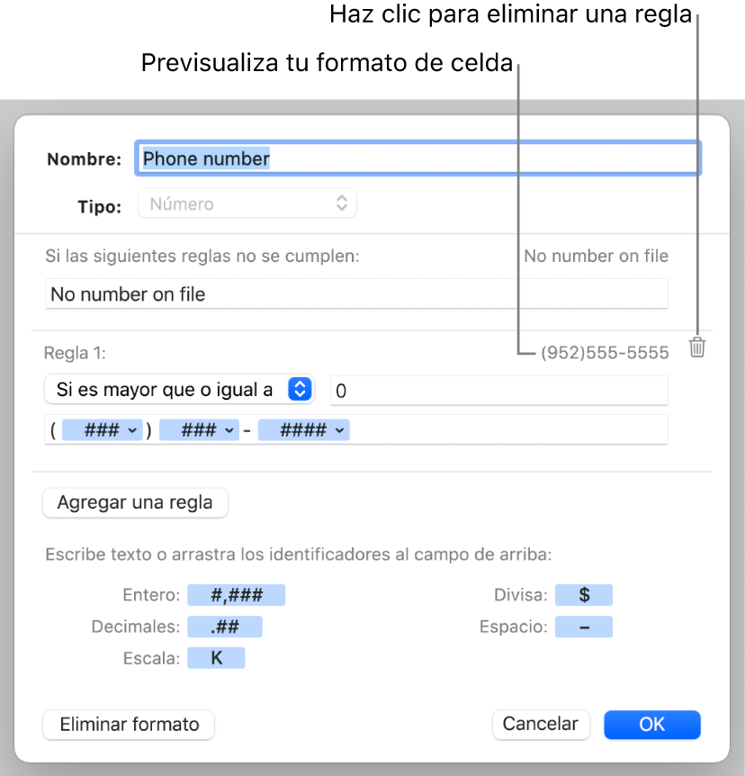 Formato de celda numérica personalizada con reglas.