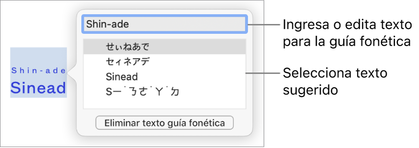 Guía fonética abierta para una palabra, con mensajes en el campo de texto y en el texto sugerido.