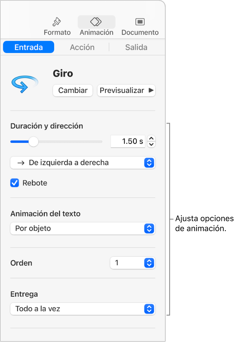 Opciones de Entrada en la sección Animación de la barra lateral.