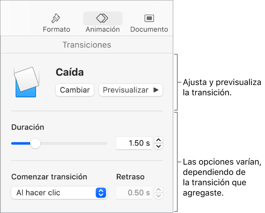 Controles de transiciones en la sección Transiciones de la barra lateral.