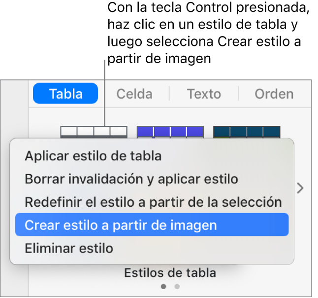 El menú de funciones rápidas de estilo de tabla.