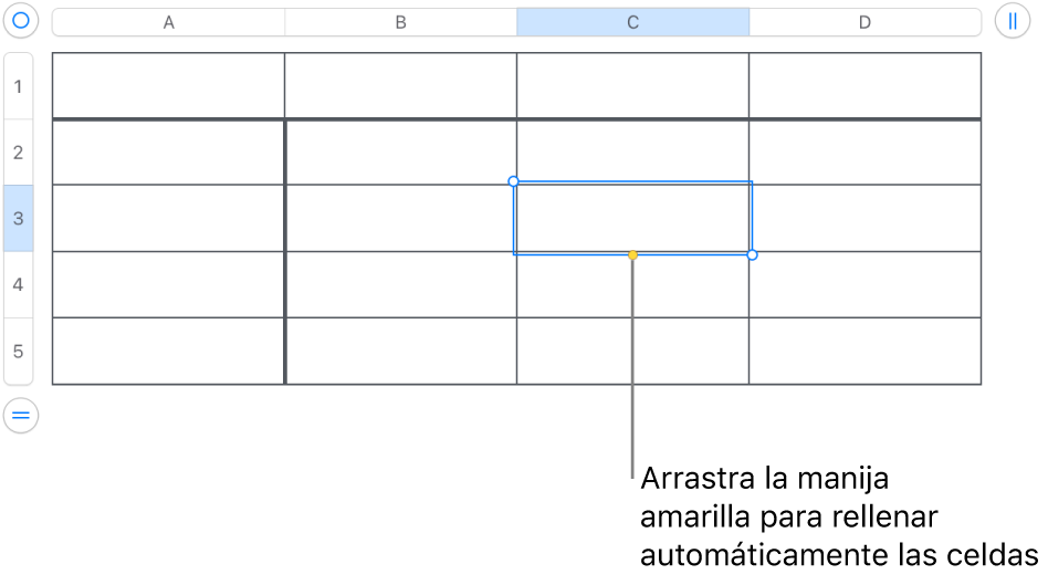 Una celda seleccionada con una manija amarilla que puedes arrastrar para autorrellenar celdas.