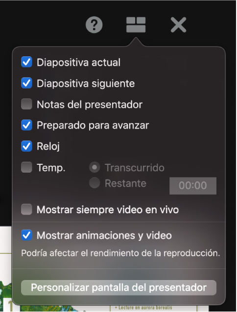 Las opciones de disposición del presentador, que incluyen Diapositiva actual, Diapositiva siguiente, Notas del presentador, Preparado para avanzar, Reloj y Temporizador. El temporizador tiene opciones adicionales para mostrar ya sea el tiempo transcurrido o el tiempo restante.