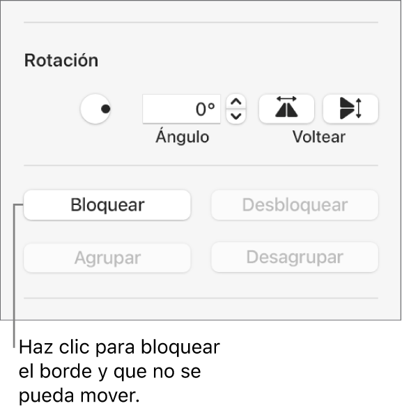 Los controles para girar, bloquear y agrupar objetos, con un mensaje en la opción Bloquear.