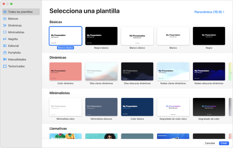 El selector de plantilla. A la izquierda aparece una barra lateral que muestra categorías de plantillas en las que puedes hacer clic para filtrar las opciones. A la derecha, organizadas en filas por categoría, aparecen miniaturas de las plantillas prediseñadas, comenzando con la categoría Nuevas en la parte superior, seguida por las categorías Dinámica, Mínima y Negrita. Los botones Cancelar y Crear se encuentran en la esquina inferior derecha.