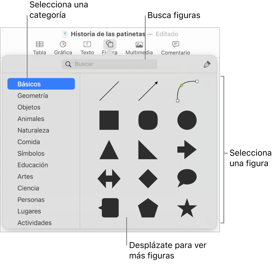 La biblioteca de figuras, con las categorías enumeradas a la izquierda y las figuras mostradas a la derecha. Puedes usar el campo de búsqueda de la parte superior para buscar figuras o desplazarse para ver más.